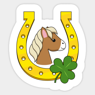 Cute Brown Horse with Golden Horse Shoe and Shamrock Sticker